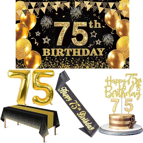 75th Birthday Decorations Men Women with 75th Birthday Banner, Black and Gold Table Cloth, Number Balloons, Large Sash, Cake Topper and Candles