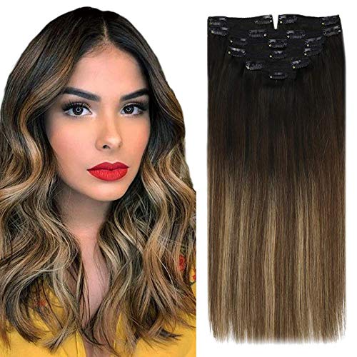 Sunny Hair Extensions Clip in Human Hair Balayage 18inch Remy Straight Clip on Extensions Ombre Natural Black to Dark Brown with Caramel Blonde 100g 7pcs