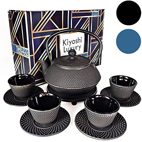 KIYOSHI Luxury 11PC Japanese Tea Set."Gashu Black" Cast Iron Tea Pot with 4