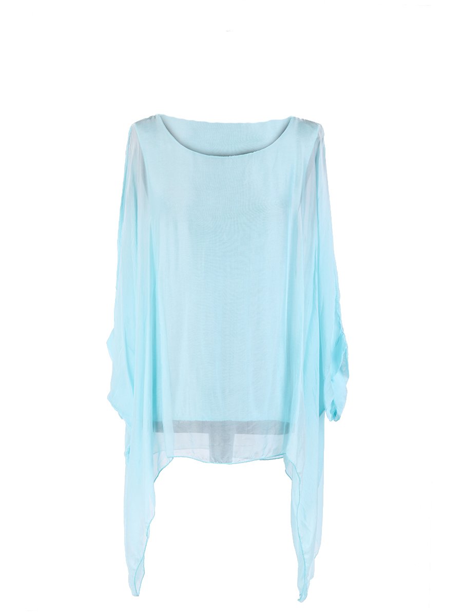 Lushstyleuk Women's Turquoise Italian Plain Batwing Silk Tunic Top Lagenlook Top Plus Size