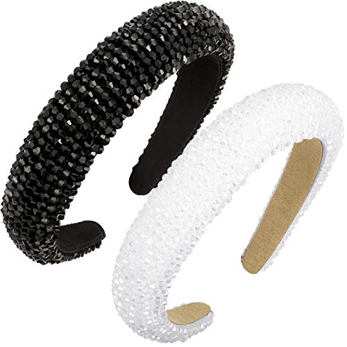 2 Pieces Rhinestone Padded Headband Wide Edge Headwear Crystal Beaded Headband Glitter Hairband Wide Padded Wedding Hair Hoops Hair Accessories for Women Girls Party Supplies (Black, White)
