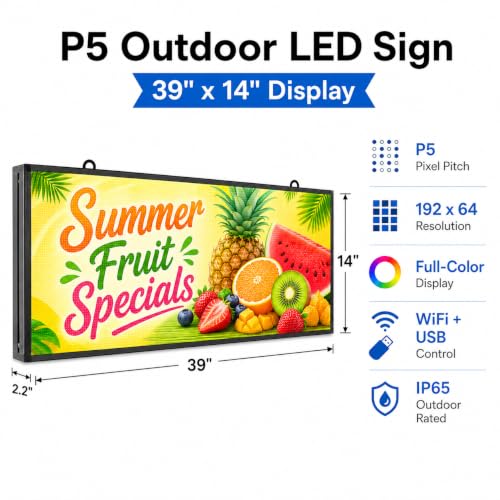 Image of P5 Outdoor LED Sign 39 inch x 14 inch, WiFi & USB Programmable Full-Color Message Board, IP65 Waterproof High Brightness Scrolling LED Display for Storefront, Restaurant, Cafe, Bar and Business Advertising