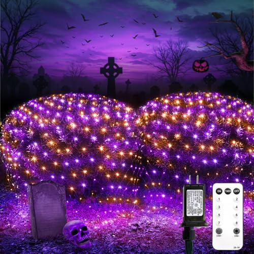 suddus 360 LED Halloween Net Lights 12ft x 5ft String Lights with Remote Waterproof Connectable Green Wire for Bushes Trees Halloween Decoration Indoor Outdoor Party Yard Garden Purple & Orange