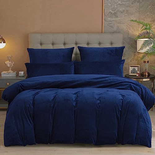 YASMENG Housse de Couette Flanelle 140x200 Hiver Chaude Bleu Foncé Polaire Parure de Lit Flanelle Doux Douillet Duveteux Linge de Lit 1 Personne avec Fermeture Éclair...