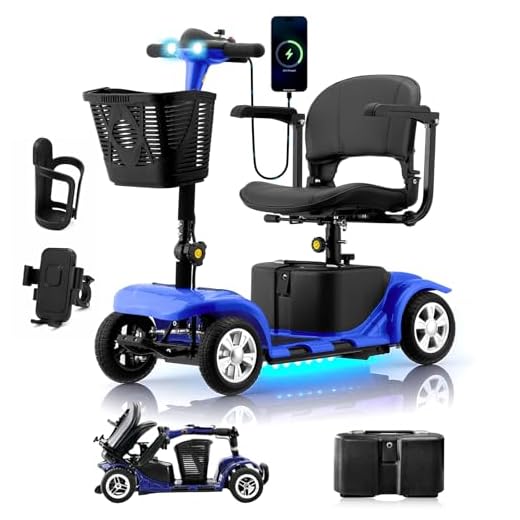 Mobility Scooter for Adults, Senior, 4 Wheels Electric Powered Chargeable Device for Travel, Lightweight Mobility Scooter, with LED Headlights and Basket, Charger Included