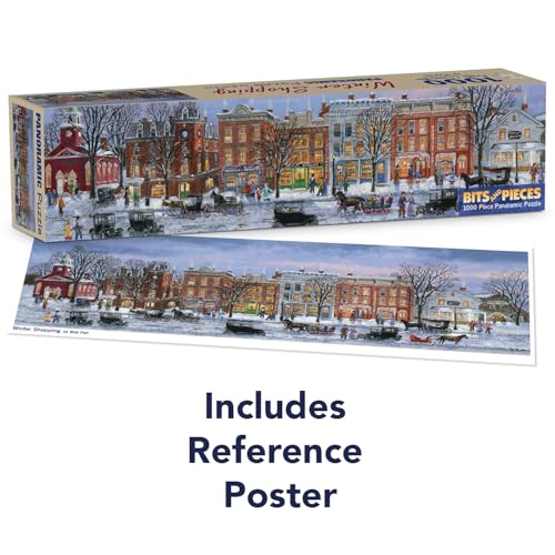 Rompecabezas panorámico de 1000 piezas Bits and Pieces - Compras de invierno - Rompecabezas de puzzle jigsaw para adultos de 13" x 38", escena vintage estadounidense de calle, ninguna pieza es igual a otra miniatura 3