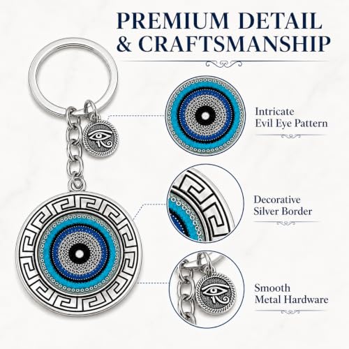 Image of Evil Eye Keychain, Blue Nazar Talisman with Eye of Horus Charm, Greek Key Border, Antique Finish, Metal Key Ring