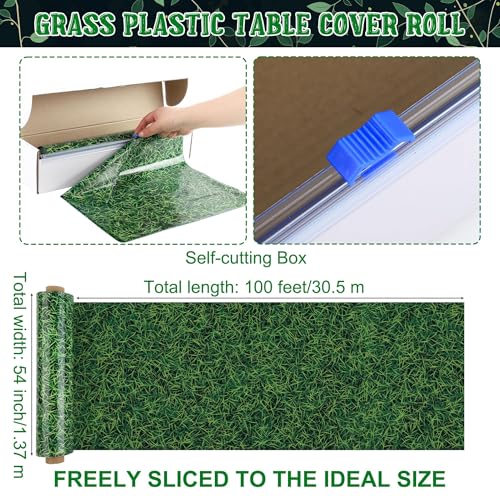 Image of Kochorie 54 Inch x 100 Ft Grass Plastic Table Cloth Roll Disposable Waterproof Football Field Table Cover Plastic Table Cover Roll with Easy Slide Cutter for Jungle Party /Sport /Outdoor Picnic
