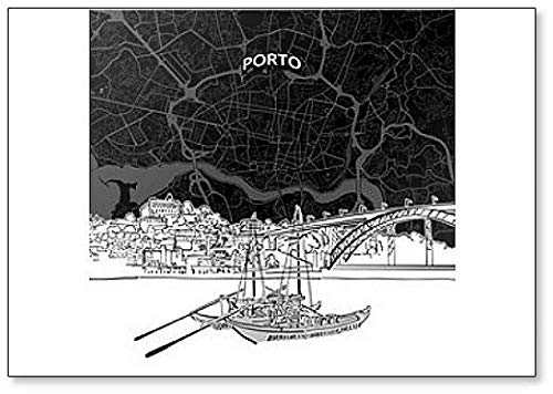 Imán clásico para nevera con ilustración abstracta de Porto Skyline con mapa