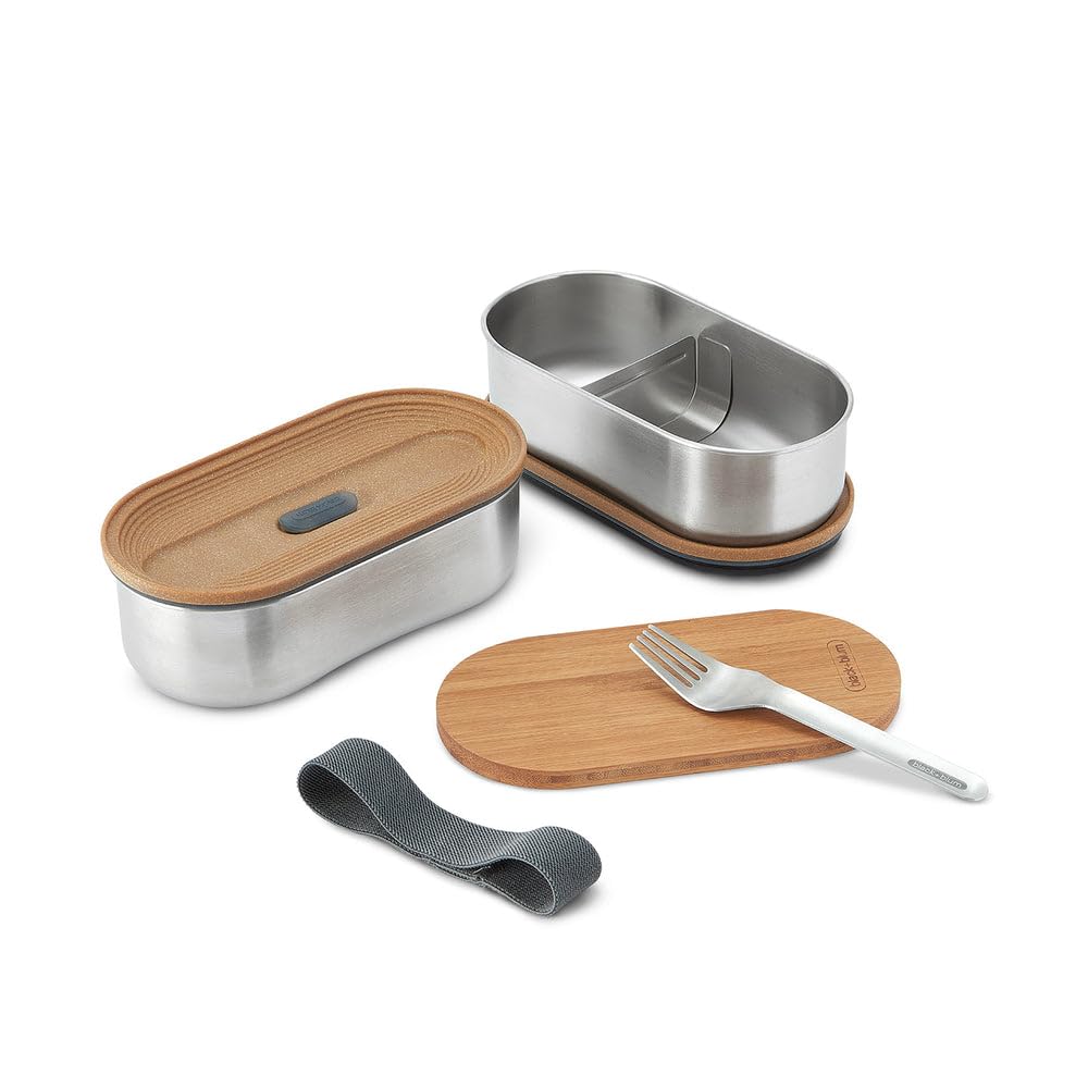 BLACK + BLUM - Bento Box - Stainless Steel Stackable Lunch box with Leak Proof, Lightweight, Multi-Purpose Bamboo Lid, Fork Included - Dishwasher and Freezer Safe, Slate - 2 x 500ml