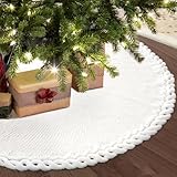 Hewego White Knitted Christmas Tree Skirt,36 inches Cable Thick-Knit Xmas Tree Mat,White Openwork Braided Lace Pattern Xmas Holiday Decoration,Vintage Rustic Merry Christmas Home Party Decor