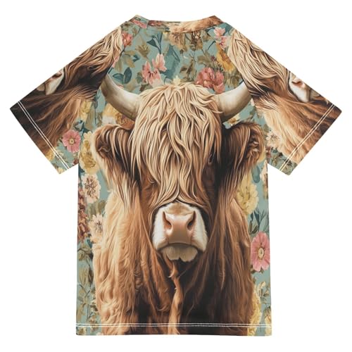 Boys Short Sleeve T-Shirts Cattle Cow Highland Floral Rashguard Kids Swim Shirts Sun UPF 50+2