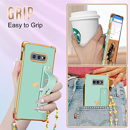 Likiyami (3In1 For Samsung Galaxy S10E Case Heart For Women Girls Girly Cute Luxury Pretty Aesthetic With Stand Phone Cases Mint Green Gold Love Hearts Trendy Cover+Screen+Chain For Galaxy S10E 5.8" #TOP4