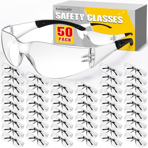 50 Pack Clear Safety Glasses Scratch Resistant Safety Glasses Bulk for Men Women Clear Impact Resistant Eye Protection Glasses with Wrap-Around Lenses for Work Lab Construction Lightweight