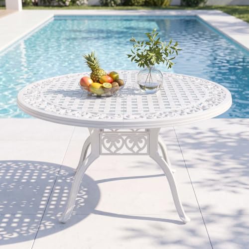 Image of 48 Inch Outdoor Dining Table Round Patio Bistro Table Powder-Coated Cast Aluminum Frame Patio Dining Table Garden Table with Umbrella Hole (White)