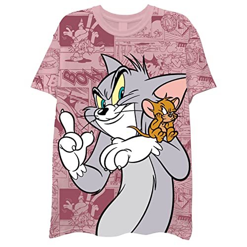 Mens Tom & Jerry Battle Shirt - Classic Hanna-Barbera Tee - Vintage Cartoon Allover Short Sleeve T-Shirt (Mauve, XX-Large)