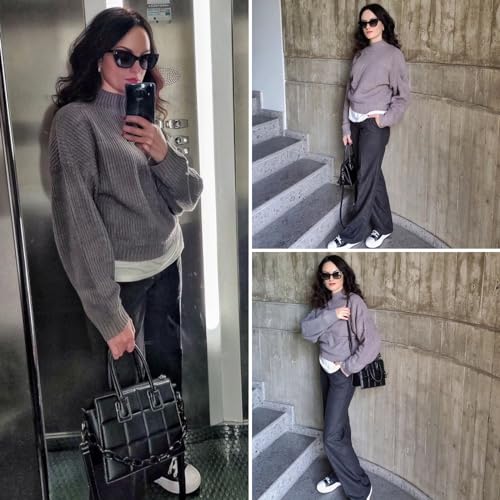 Image of ZAFUL Women's Cropped Turtleneck Sweater Lantern Sleeve Ribbed Knit Pullover Sweater Jumper