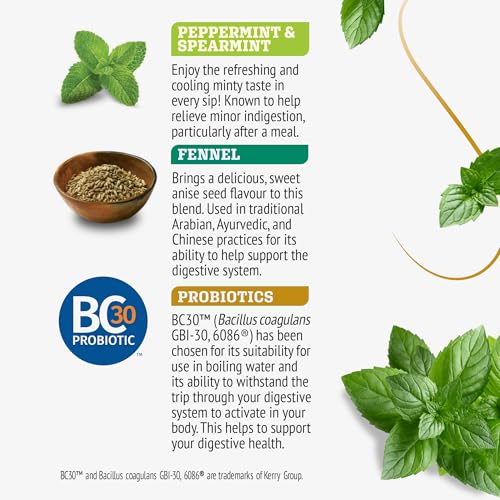 Image of Twinings Superblends Probiotics+ Peppermint & Fennel Herbal Tea, 250 Million CFUs per Cup, 18 Tea Bags (Pack of 2), Naturally Caffeine-Free, Enjoy Hot or Iced