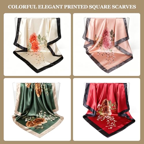 Image of DRESHOW 35 inch Large Square Satin Head Scarf - 4Pcs Silk Accessories Classic Patterned Squares Beach Bandanas for Women
