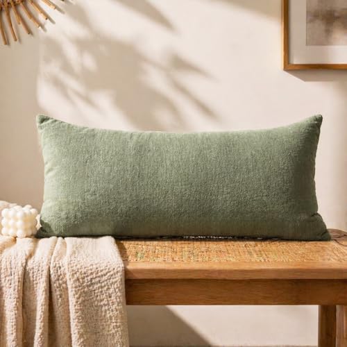 JoraLion Chenille Lumbar Pillow Covers 14x26 inch Olive Sage Green Decorative Pillow Covers Farmhouse Solid Dyed Soft Chenille Cushion Case for Couch Sofa Bed Living Room 1 Cover ONLY