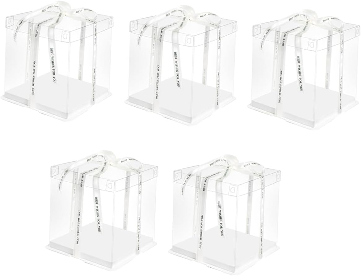 5pcs 8-inch Cake Storage Boxes with Ribbon Food Packaging Containers for Birthday and Party Cake Carrying Single-layer Wrapping Cases Portable Baking Dessert Holders