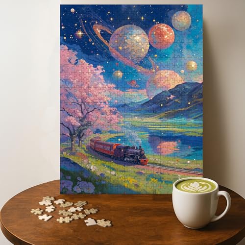 Colorful Interstellar Train Fantasy Jigsaw Puzzle - 500 Pieces Wooden Puzzle for Adults, Wall Art Gift, Finished Size: 20 x 15 Inch