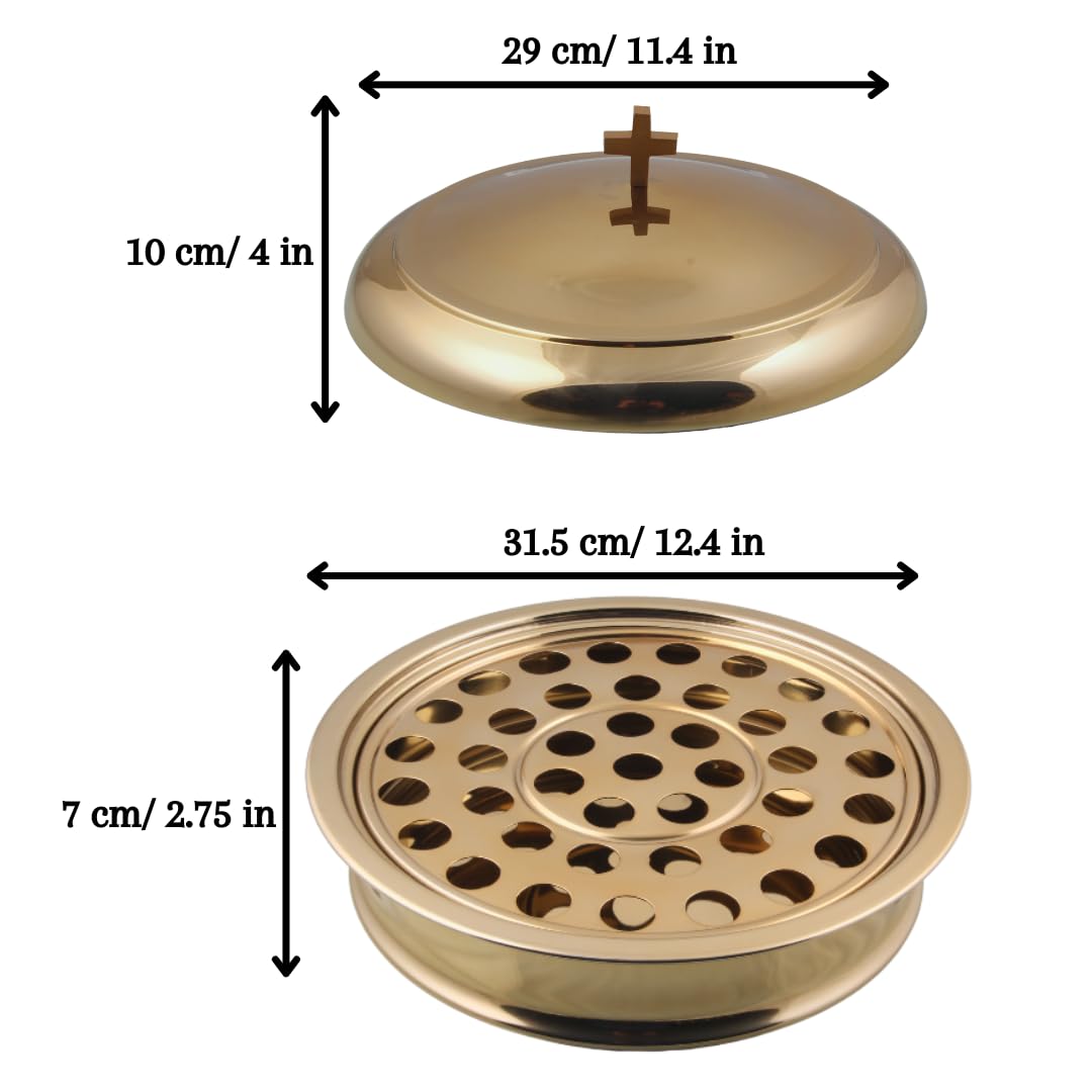 Communion Ware - Bandeja para servir vino sagrado con tapa y plato apilable para pan con tapa, acero inoxidable (latón/dorado brillante)