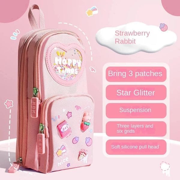 Image of Invite Enterprise Three Layer School Bag-Shaped Pencil Pouch, Large-Capacity Pencil Pouch with Zipper, Multipurpose Pen & Pencil Case for School Supplies for Boys & Girls (Pink - Happy TIME)