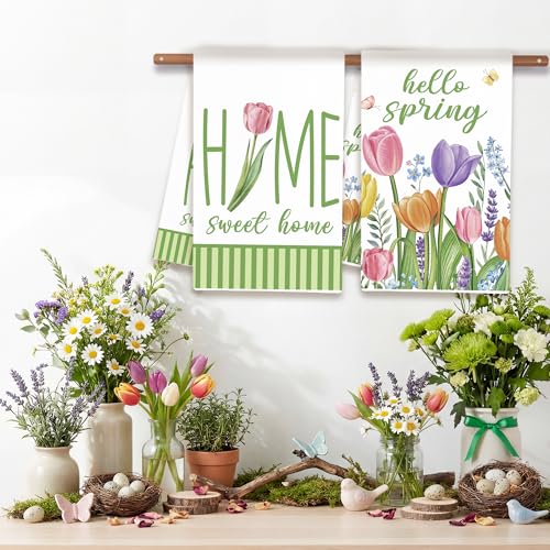 Image of FUTBU Spring Tulips Kitchen Towels, Hello Spring Dish Towels Set of 2 for Bathroom Decor, 18x26Inch Drying Dishcloth Farmhouse Holiday Home Sweet Home Decoration