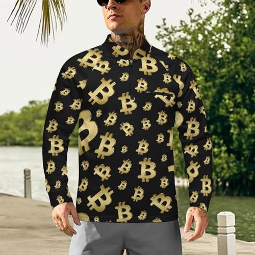 Golden Bitcoin Men's Rash Guard Long Sleeves Quick Dry Fishing Workout Shirts with Zipper2