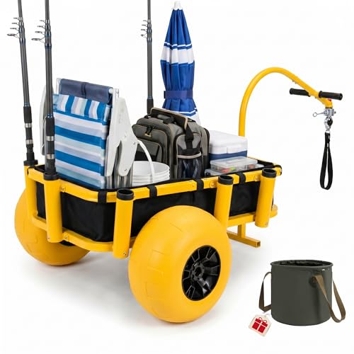 Image of PYY Beach Fishing Cart - 550LB Load Capacity Fishing Cart with Reinforced Frame, 13 inch Big Wheels PU Balloon Tires for Sand, Fishing Wagon with 7 Rod Holders, Foldable Bucket for Beach, Lake (Yellow)