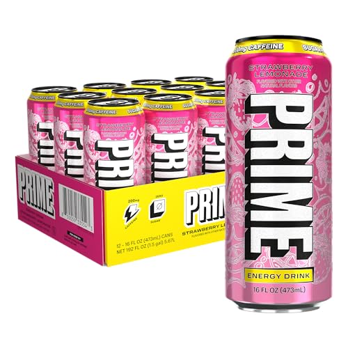 Image of PRIME Energy STRAWBERRY LEMONADE, Sugar Free Energy Drink, 200mg Caffeine and 355mg of Electrolytes for Hydration, Low Calorie, Vegan, Gluten Free,16 Fluid Ounce, 12 Pack