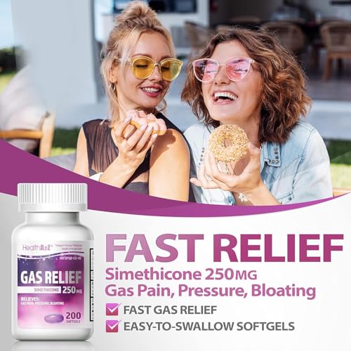 Image of HealthA2Z Gas Relief, Simethicone 250mg, Fast Acting Gas Relief, Bloating, Pressure, Discomfort, 200 Softgels (Pack of 2)