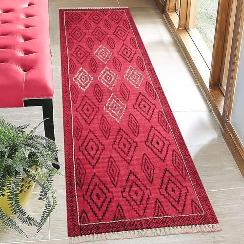 CASAVANI Collection Runner – 6,6 x 20,3 cm großer Teppich, rotes Muster, Baumwolle, Dhurrie, marokkanischer Kelim-Teppich, für drinnen und draußen, Flachgewebe, für Schlafzimmer, Nachttisch, Küche,