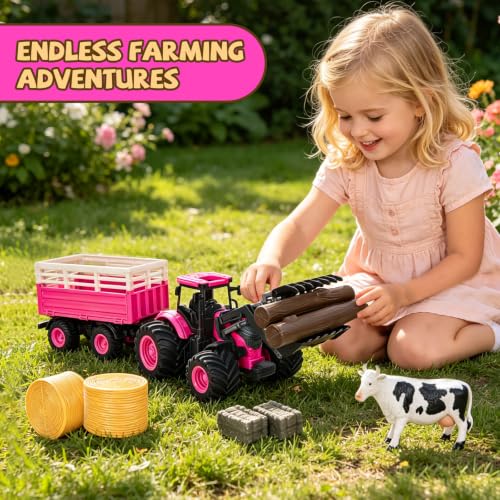 Peagprav Farm Toys Tractor with Trailer-16.5 Inches Tractor Playset 1/24 Scale Gripper Frontloader Spreader for Girls Kids Toddlers Age 3-7 Years Old, Pink by Peagprav - Used condition - Image 4