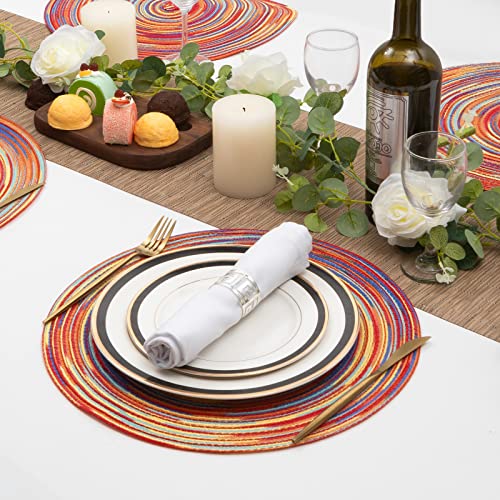 Image of SHACOS Round Braided Placemats Set of 6 Table Mats Colorful Place Mats for Dining Tables Holiday Party Decor (Rainbow Red, 6)