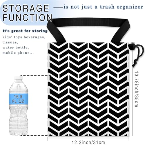 Image of Car Trash Bag Hanging Back of Seat Waterproof Small Cute Printed One-Handed Strap Drawstring Garbage Bags for Car-Black White
