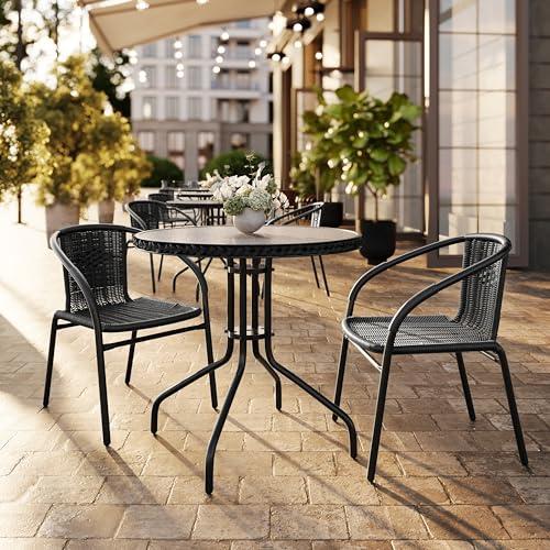 Image of Flash Furniture Modern Rattan Indoor /Outdoor Restaurant Dining Chairs, Stackable Rattan Bistro Chairs for Patio or Restaurant, Set of 2, Black