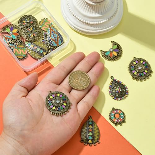 Stiesy 16 Pcs 8 Styles Bohemian Style Connector Charms with Enamel Teardrop Flat Round Moon Tibetan Chandelier Component Links for DIY Jewelry Making Decor - Image 4