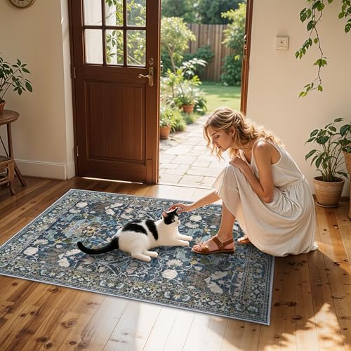 4x6 Living Room Area Rugs: Washable Boho Bedside Rugs Non Slip Low Pile Floral Small Carpet for Kitchen Bedroom Non-Shedding Floor Mat for Kids Room Office Dining Room(4x6 Floral/Blue)