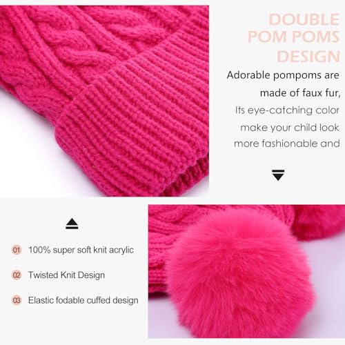 Kids Winter Beanie Hat Warm Fleece Lined Knitted Ski Cap with Double Pom Pom for Boys Girls Ages 7-124