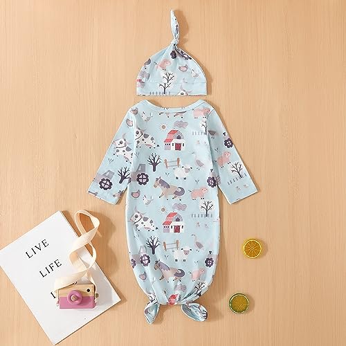 Image of AMAWMW Newborn Baby Boys Girls Cartoon Sleeper Gown Long Sleeve Mountain Nightgown Hat Outfits