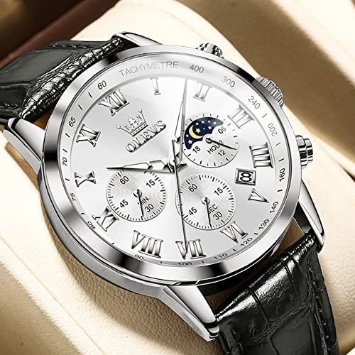 Image of OLEVS Men's Leather Analog Quartz Watch - Luxury Chronograph Wristwatch with Date, Waterproof, Luminous - Dress Style