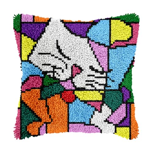 Image of bositigo Cat Latch Hook Pillow Kit for Adults & Kids, DIY Pre-Printed Canvas Craft, 17x17 Inch Decorative Cover for Sofa Cushions, Bedroom Decor (Cat Pattern 39)