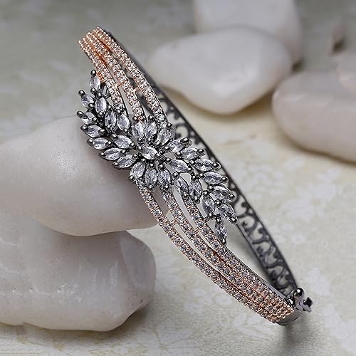 Image of ZENEME Rhodium-Plated Silver Toned American Diamond Studded Contemporary Kada Bracelet For Girls and Women