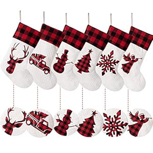 LUBOT Set of 6 Christmas Stocking(20inch) Silhouette Buffalo Red Plaid/Rustic/Farmhouse/Country Cotton Fireplace Hanging Xmas Stockings Decorations for Family Holiday Season Decor LUBOT Set of 6 Christmas Stocking20inch Silhouette Buffalo Red PlaidRusticFarmhouseCountry Cotton Fireplace Hanging Xmas Stockings Decorations for Family Holiday Season Decor