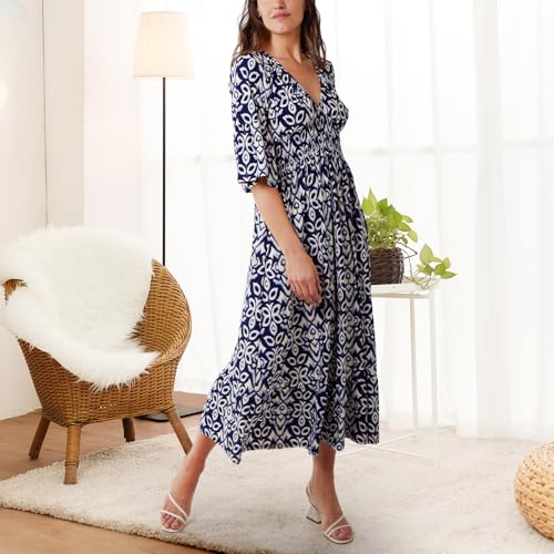 Casual Print V-Neck Long Dress, 2024 Boho Dress Plus Size Summer Floral Dress, 3/4 Sleeve Flowy Dresses for Women - Image 7