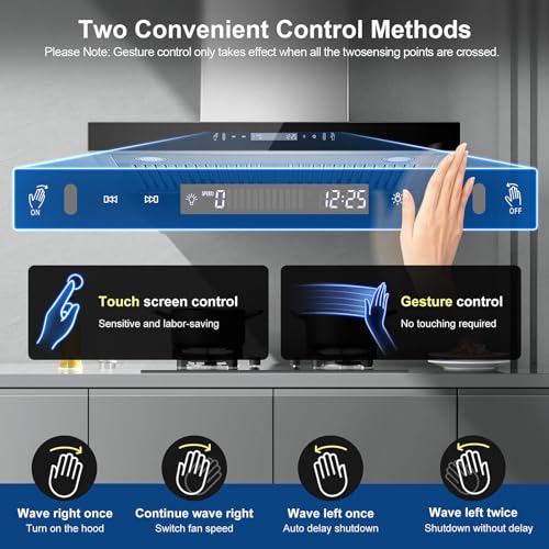 Image of Wall Mount Range Hood 30 inch 600 CFM T Shape with Gesture & Touch Control, Kitchen Vent Hood Ducted /Ductless Convertible, Exhaust Fan 3-speed Stove Hood, Baffle Grease Filter, Stainless Steel