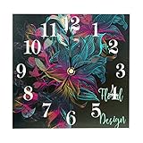 GORDESC Quadratische Wanduhr mit Blumenmuster, batteriebetrieben, leise, nicht tickend, Holzuhr, Zahlen, Wanduhren für Wohnzimmer-Dekor