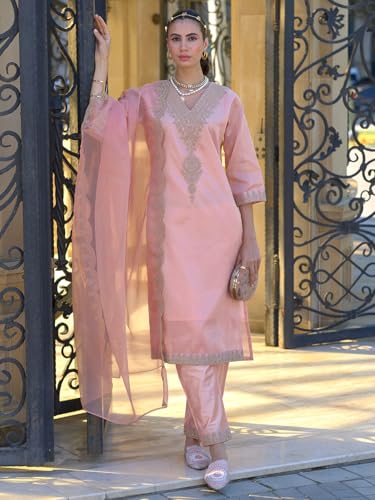Image of INDO ERA Women's Silk Blend Embroidered Straight Kurta and Pant with Dupatta Set (KH9BK6210)